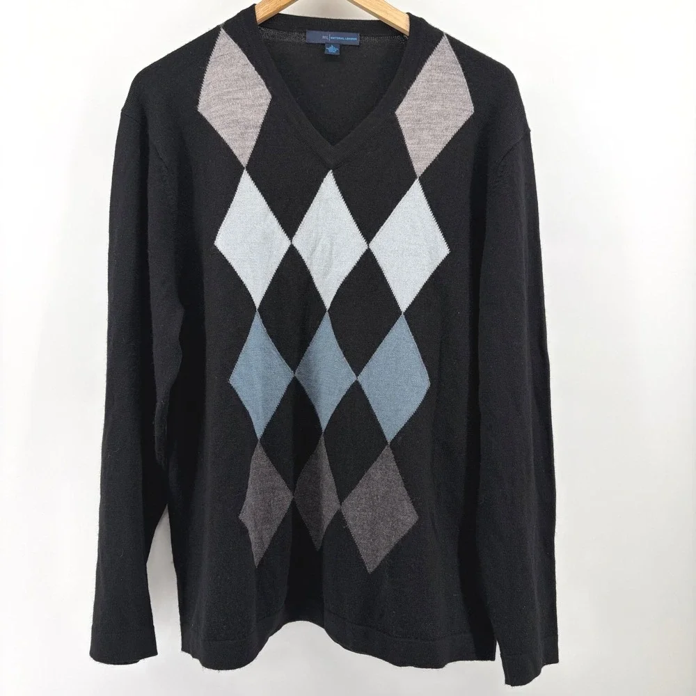 ML MATERIAL LONDON Mens V Neck Argyle Sweater‎ WOOL Black White Grey Size L